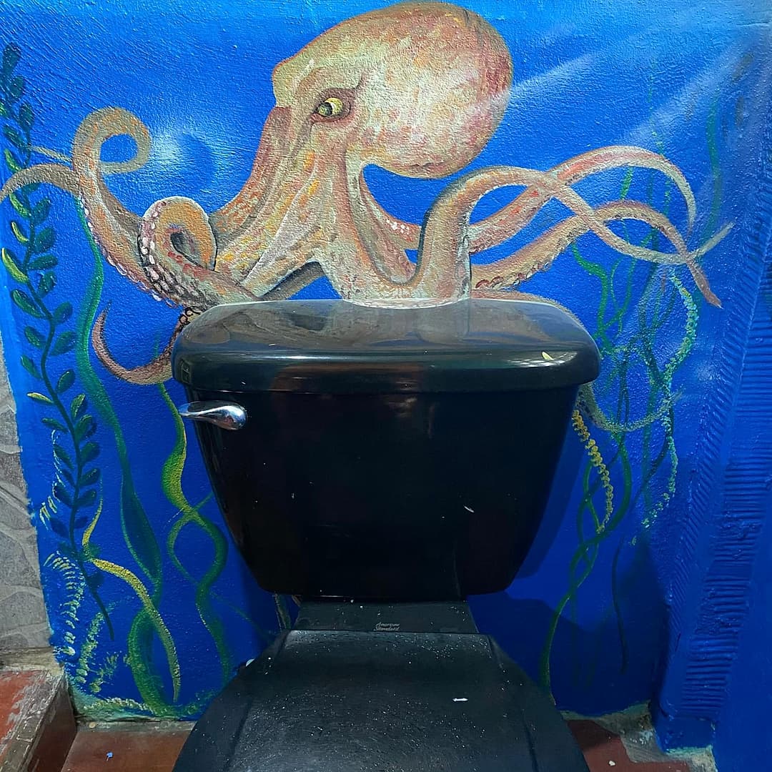 Bathroom: a painted octopus spreading its tentacles on the blue wall behind the toilet
