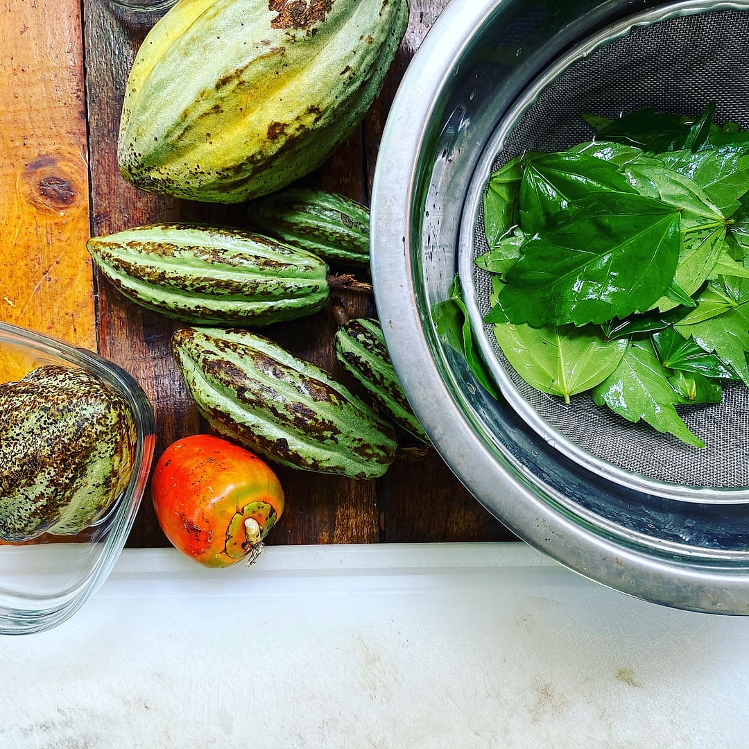 Striped cacao pods, fresh leaves and fruit from the garden on a table