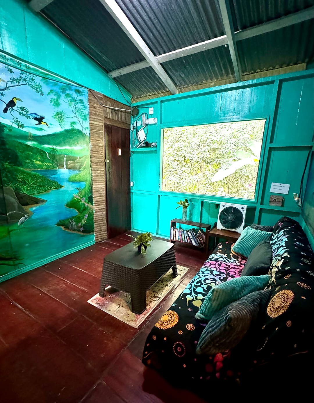 Lounge wall painted with a jungle river and toucans next to a turquoise wall and futon