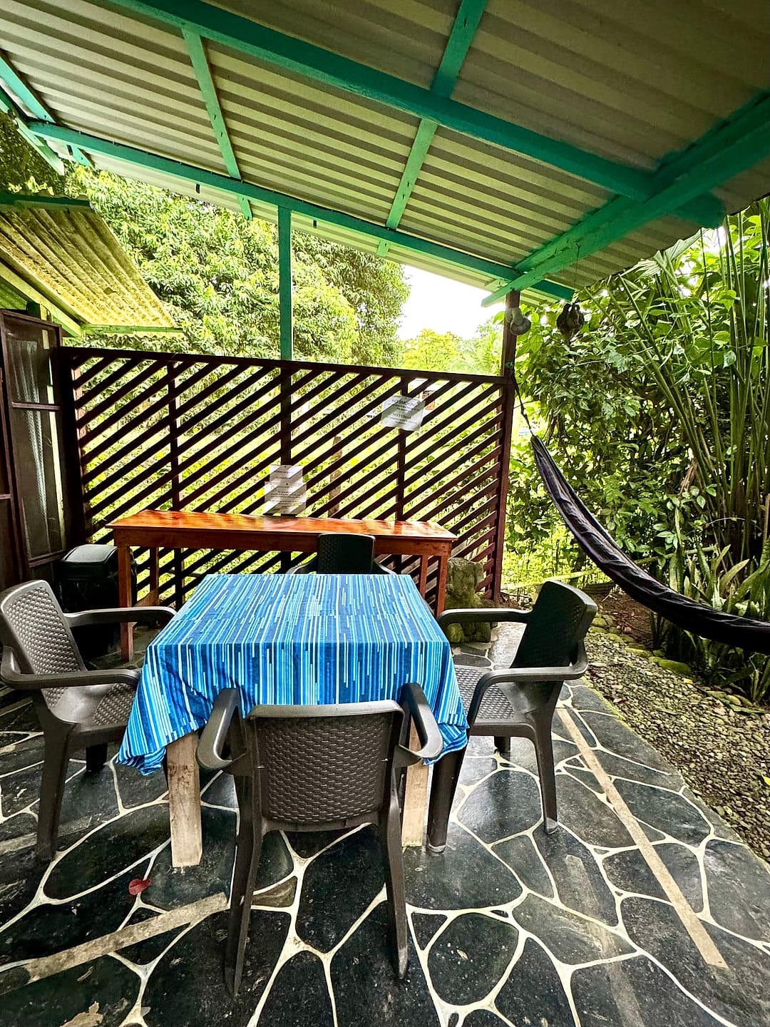 Shaded patio with a dining table and a hammock at the edge of the jungle